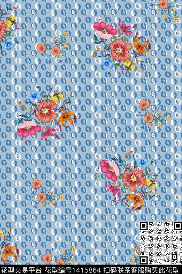 几何绿植树叶水彩数码印花华亿平台下载（图片编号: 1415864） - 瓦栏（Walan）