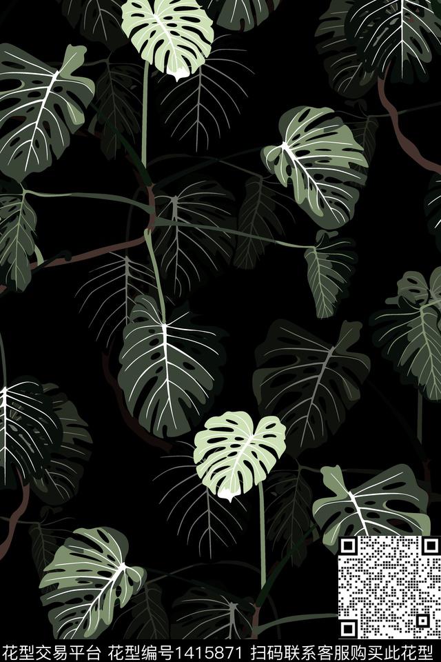 黑底花卉绿植树叶香云纱数码印花华亿平台下载（图片编号: 1415871） - 瓦栏（Walan）