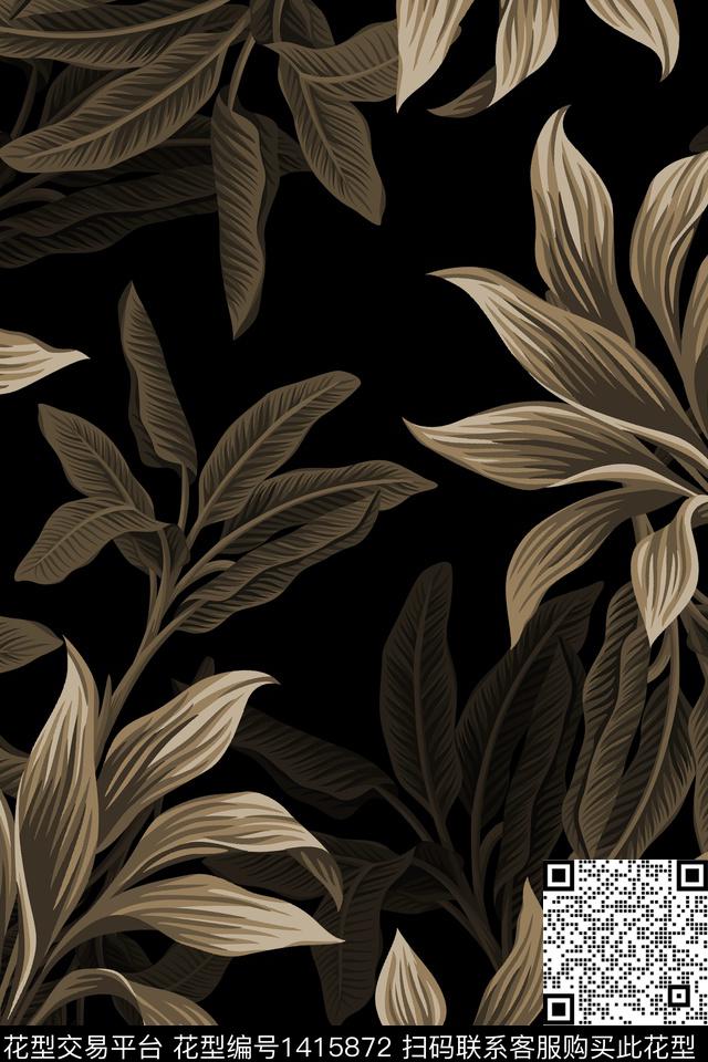 黑底花卉绿植树叶香云纱数码印花华亿平台下载（图片编号: 1415872） - 瓦栏（Walan）