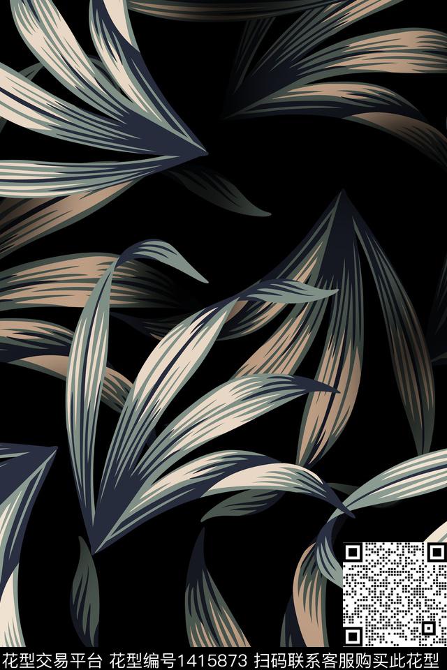 黑底花卉绿植树叶香云纱数码印花华亿平台下载（图片编号: 1415873） - 瓦栏（Walan）