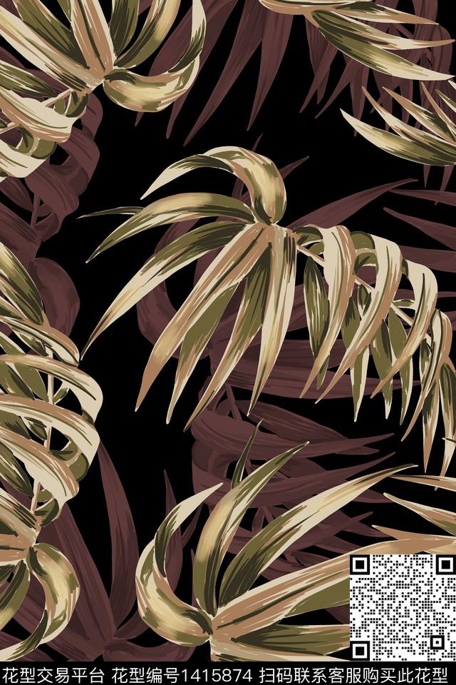 黑底花卉绿植树叶香云纱数码印花华亿平台下载（图片编号: 1415874） - 瓦栏（Walan）