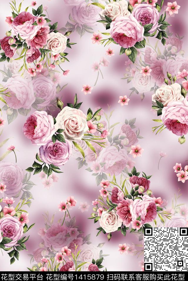 花卉小清新真丝数码印花华亿平台下载（图片编号: 1415879） - 瓦栏（Walan）
