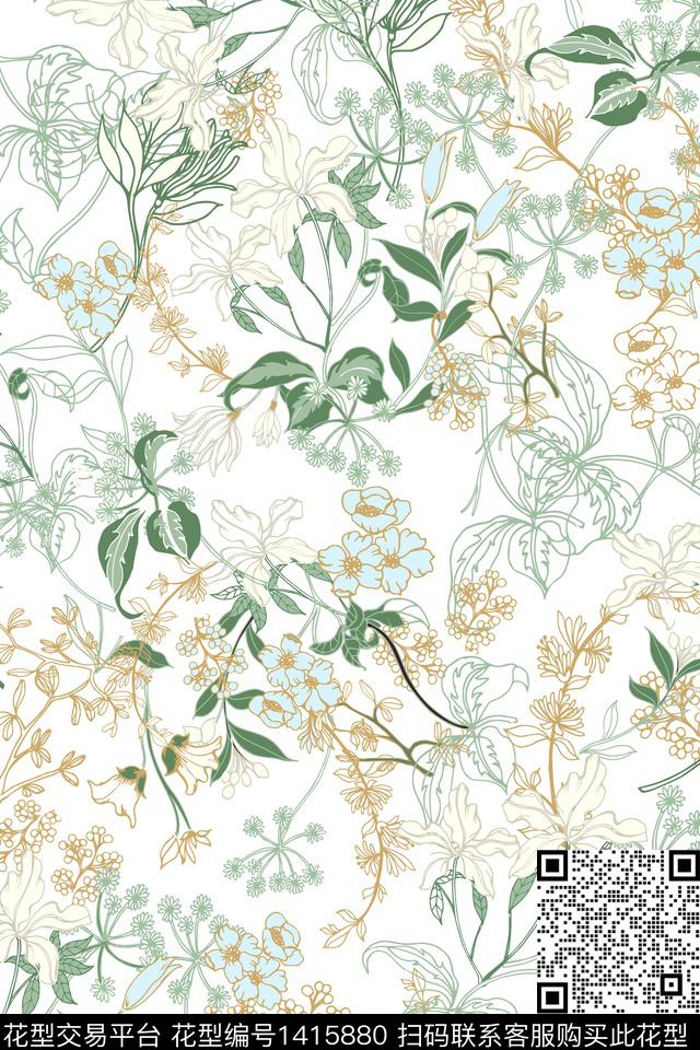 花卉小清新真丝数码印花华亿平台下载（图片编号: 1415880） - 瓦栏（Walan）