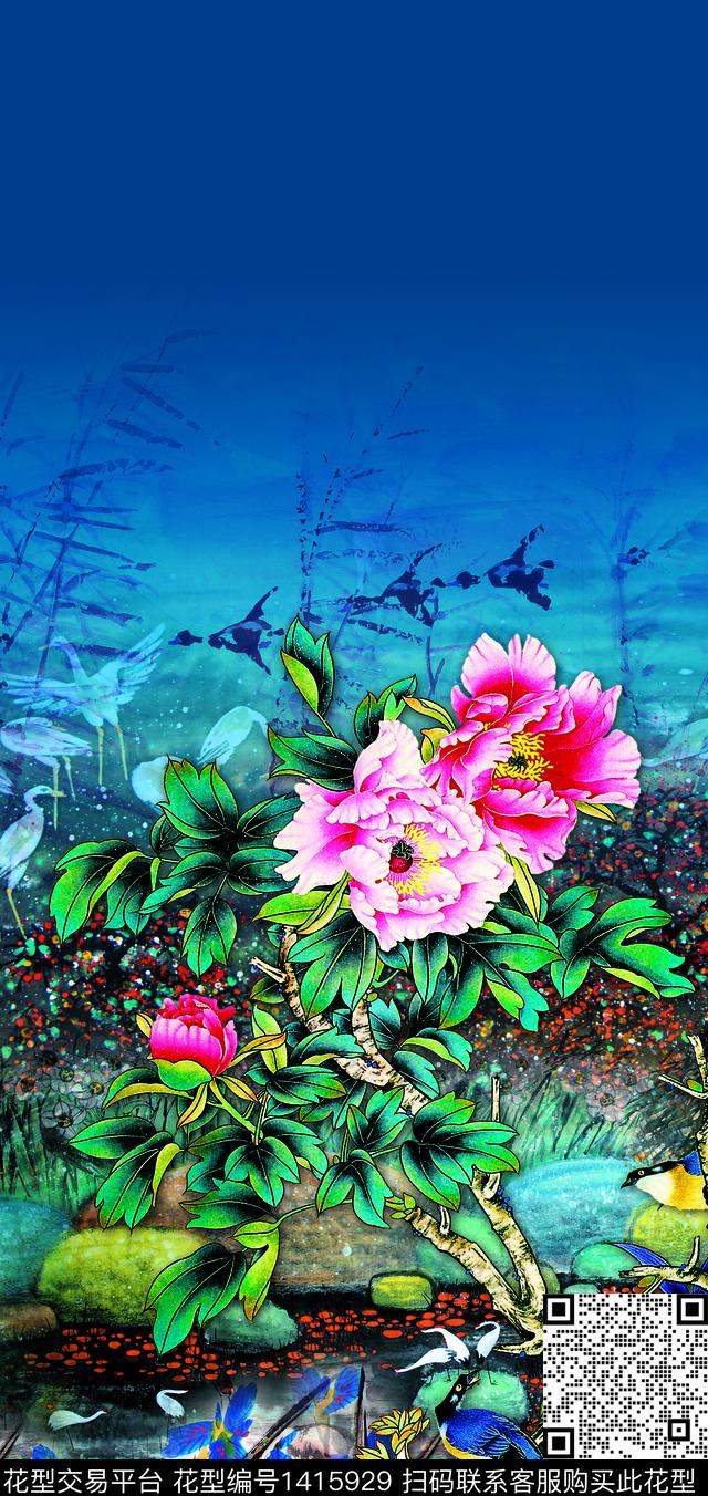 数码定位花大花真丝数码印花华亿平台下载（图片编号: 1415929） - 瓦栏（Walan）