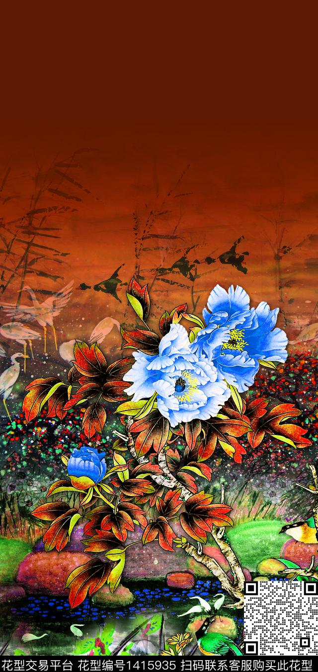 数码定位花大花真丝数码印花华亿平台下载（图片编号: 1415935） - 瓦栏（Walan）