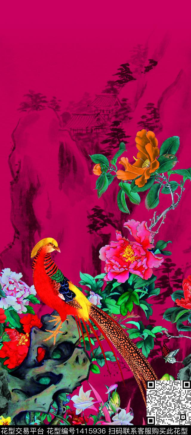 花鸟数码定位花真丝数码印花华亿平台下载（图片编号: 1415936） - 瓦栏（Walan）