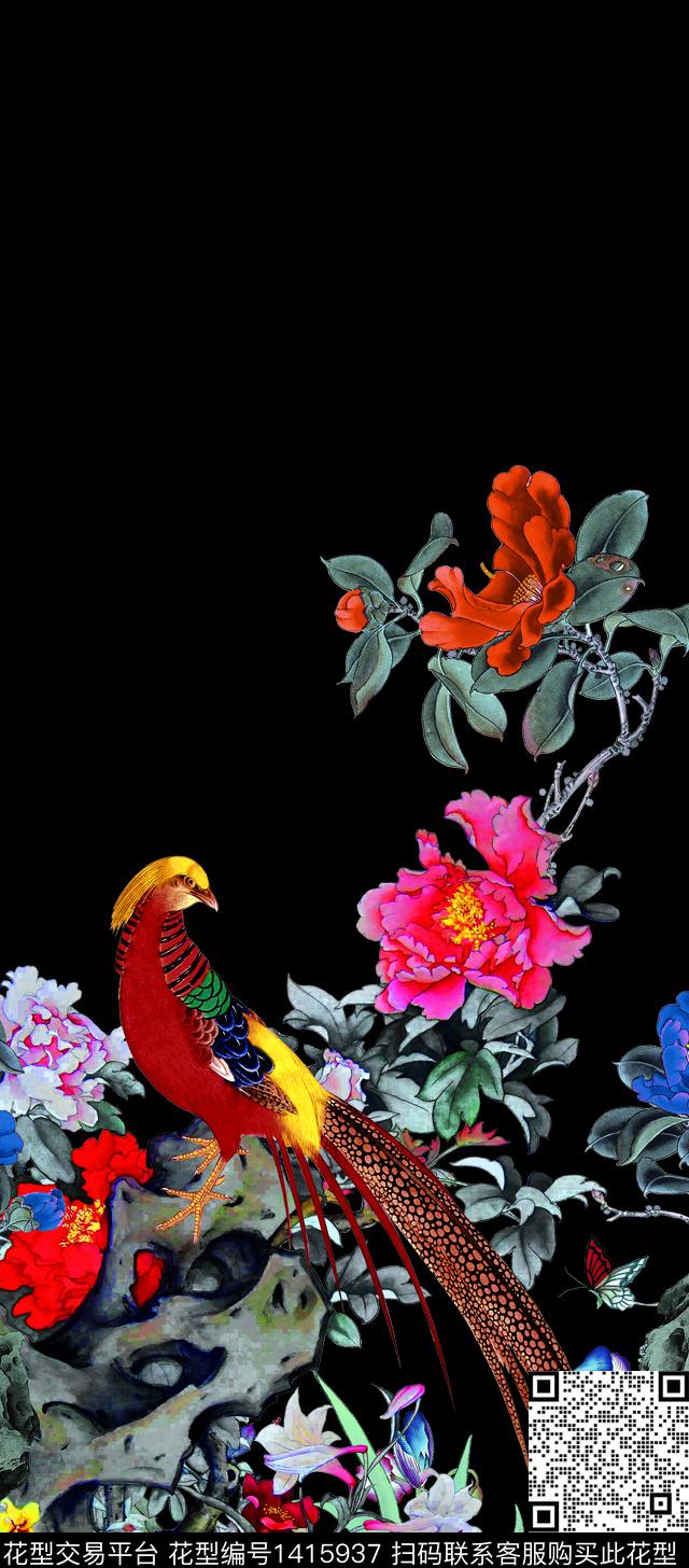 花鸟数码定位花真丝数码印花华亿平台下载（图片编号: 1415937） - 瓦栏（Walan）