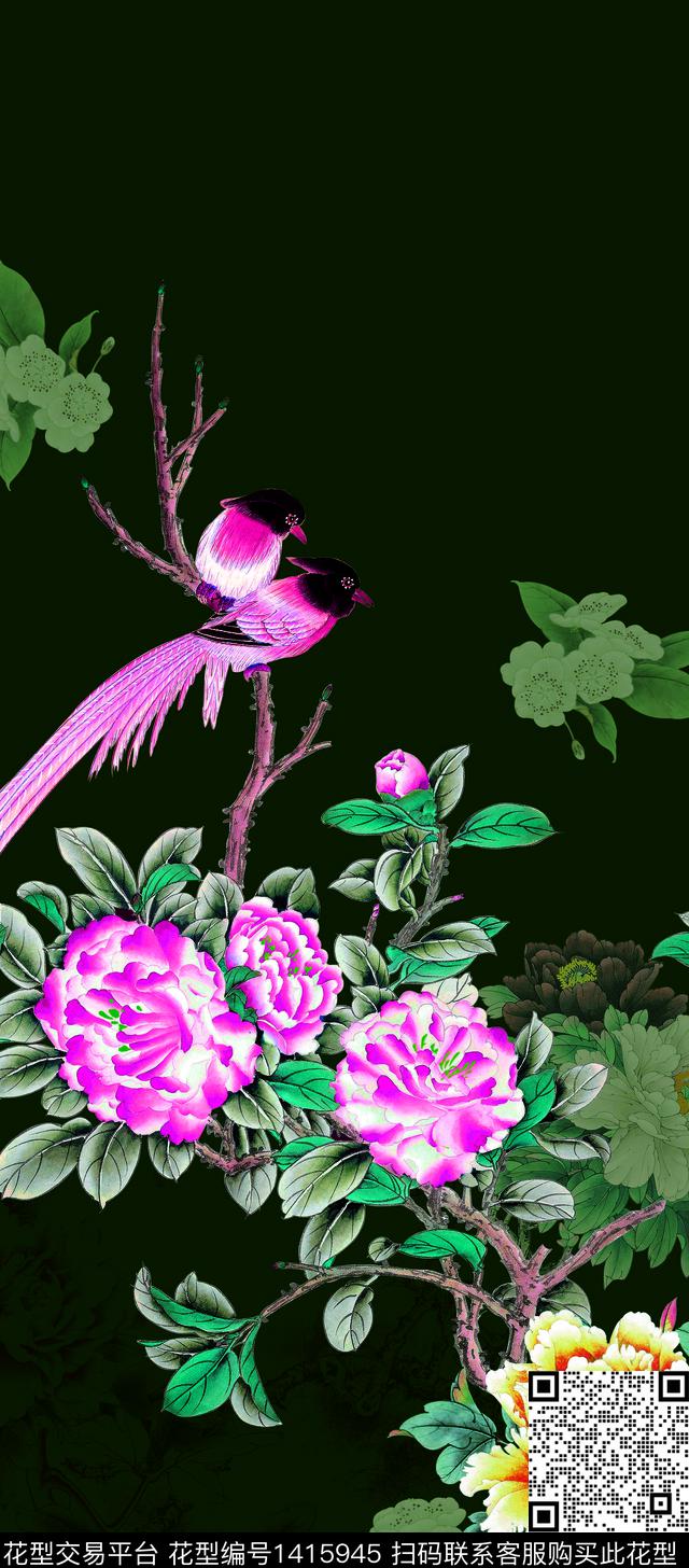 花鸟真丝中国风定位花数码印花华亿平台下载（图片编号: 1415945） - 瓦栏（Walan）