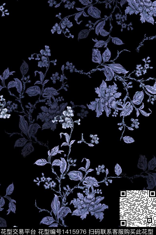 黑底花卉民族风花卉数码印花华亿平台下载（图片编号: 1415976） - 瓦栏（Walan）