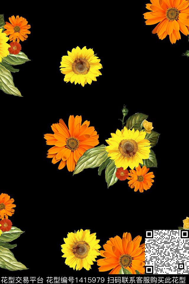 黑底花卉清爽底花卉花卉数码印花华亿平台下载（图片编号: 1415979） - 瓦栏（Walan）