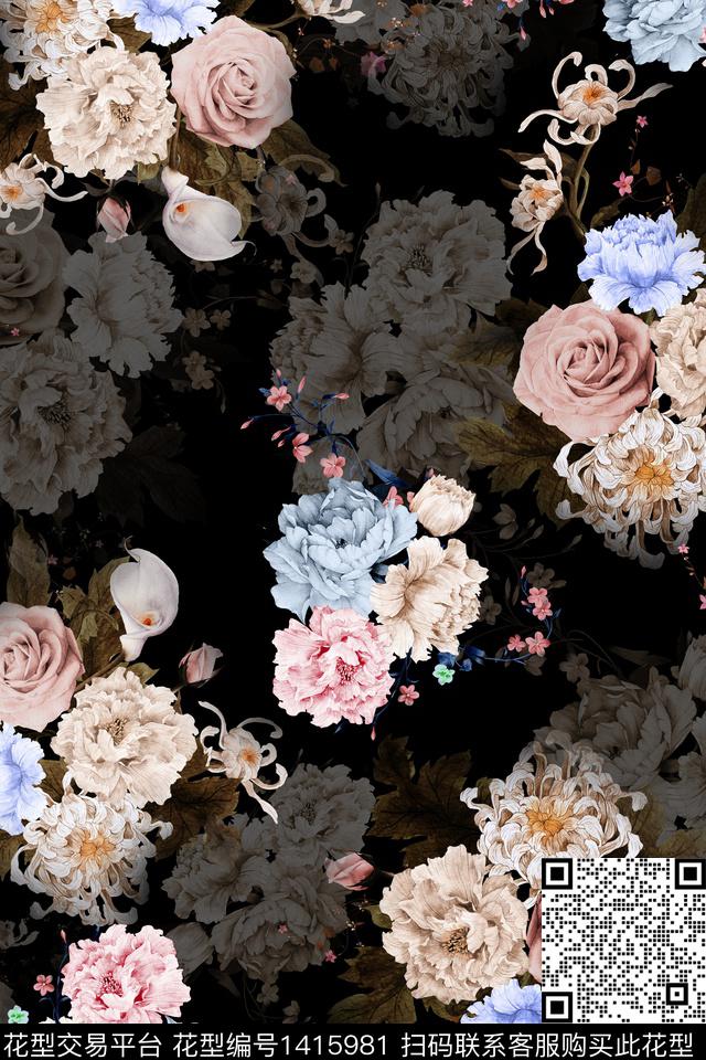 黑底花卉花卉香云纱数码印花华亿平台下载（图片编号: 1415981） - 瓦栏（Walan）