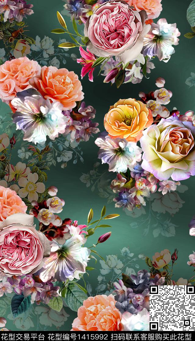 时尚花卉真丝数码印花华亿平台下载（图片编号: 1415992） - 瓦栏（Walan）