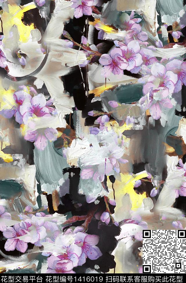 梅花抽象真丝数码印花华亿平台下载（图片编号: 1416019） - 瓦栏（Walan）