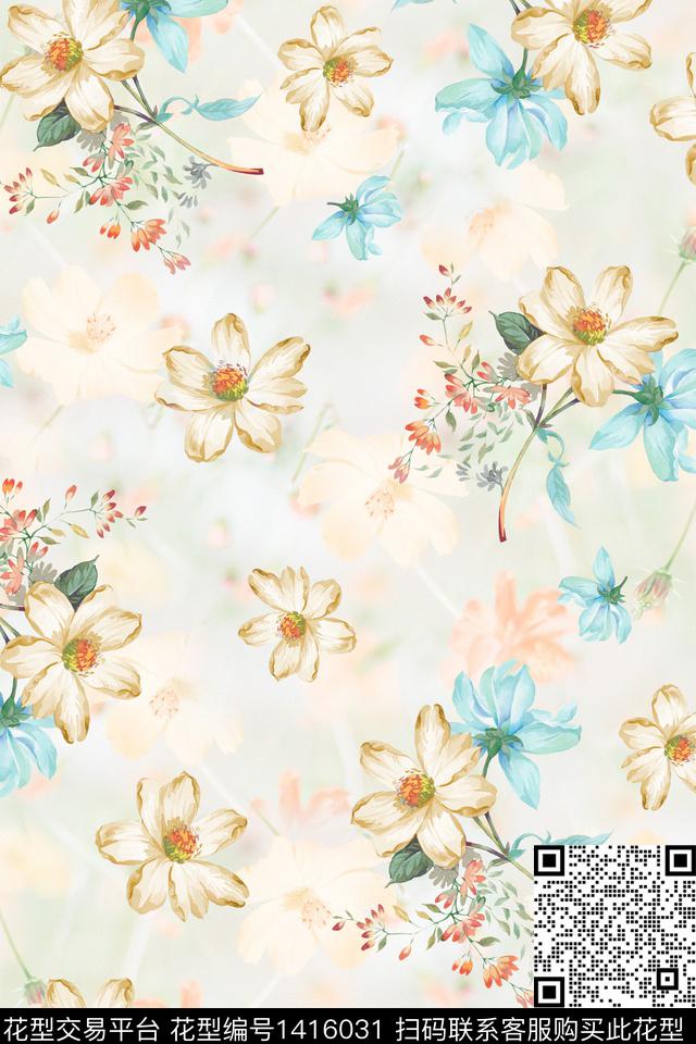 肌理绿植树叶清爽底花卉数码印花华亿平台下载（图片编号: 1416031） - 瓦栏（Walan）