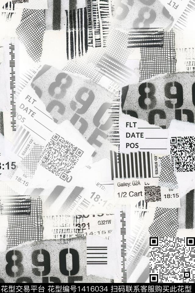 字母肌理黑白华亿平台数码印花华亿平台下载（图片编号: 1416034） - 瓦栏（Walan）