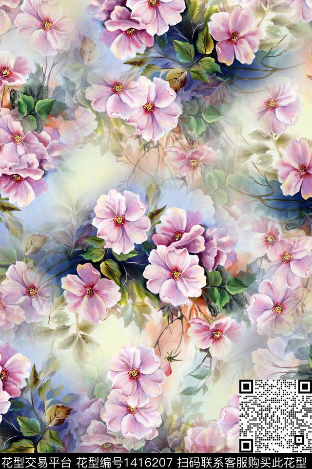 花卉小清新真丝数码印花华亿平台下载（图片编号: 1416207） - 瓦栏（Walan）