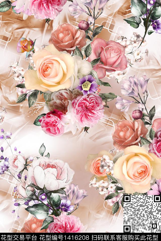 花卉大牌风真丝数码印花华亿平台下载（图片编号: 1416208） - 瓦栏（Walan）