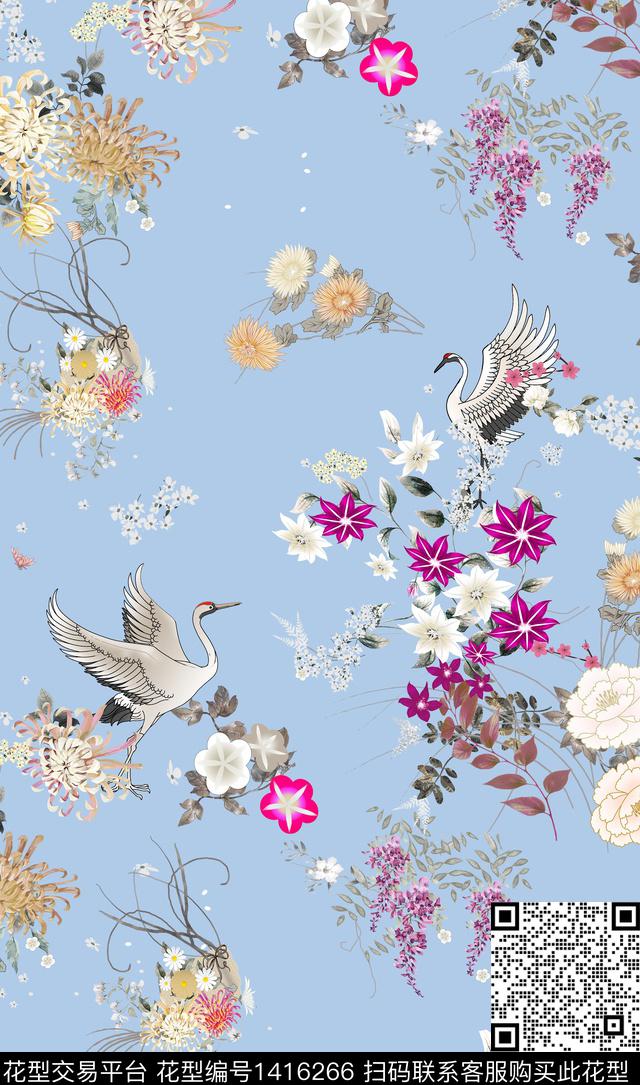 菊花花卉仙鹤数码印花华亿平台下载（图片编号: 1416266） - 瓦栏（Walan）