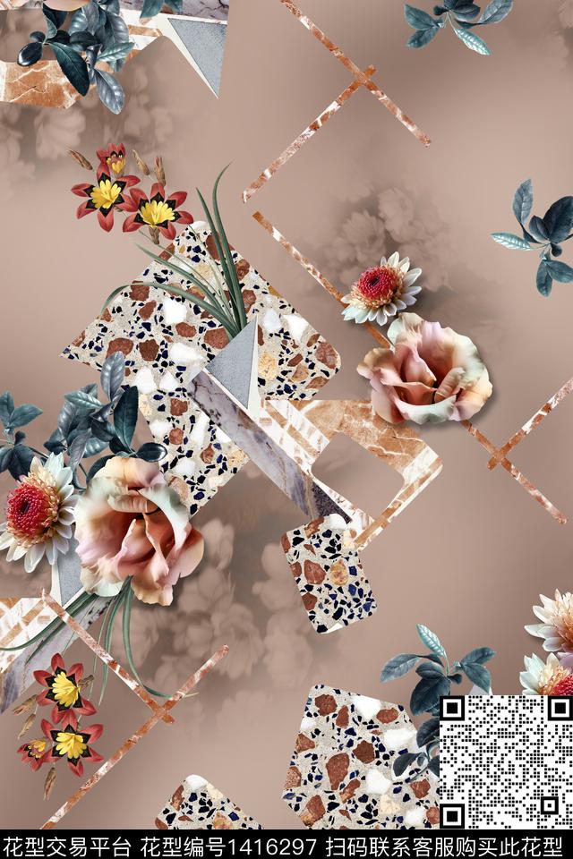 几何花卉混合拼接数码印花华亿平台下载（图片编号: 1416297） - 瓦栏（Walan）