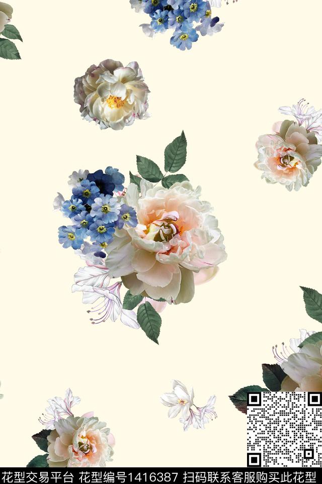 花卉小清新真丝数码印花华亿平台下载（图片编号: 1416387） - 瓦栏（Walan）