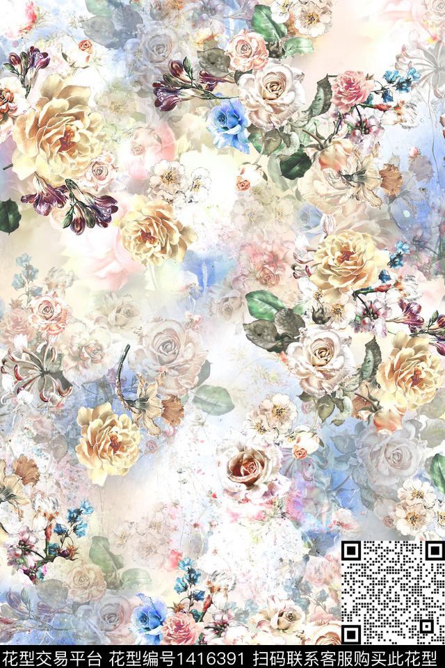 花卉小清新真丝数码印花华亿平台下载（图片编号: 1416391） - 瓦栏（Walan）