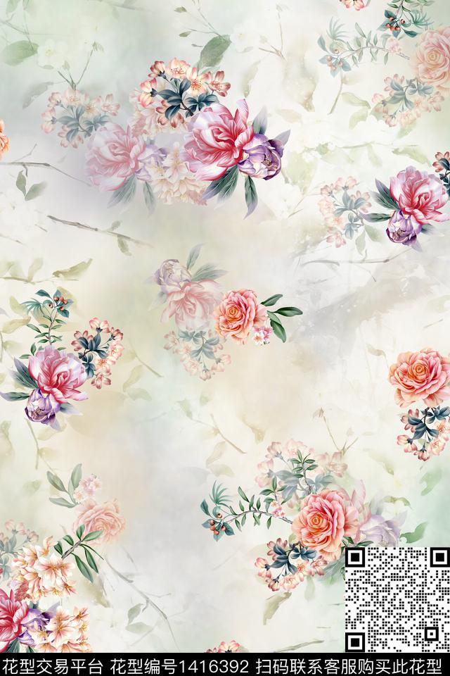 花卉小清新真丝数码印花华亿平台下载（图片编号: 1416392） - 瓦栏（Walan）