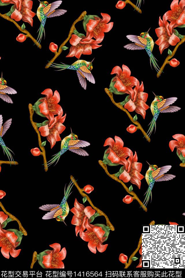 时尚花鸟水彩数码印花华亿平台下载（图片编号: 1416564） - 瓦栏（Walan）