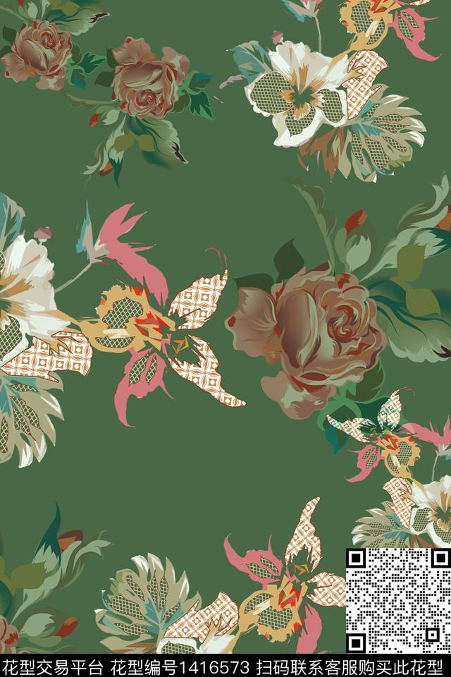 花卉香云纱大牌风数码印花华亿平台下载（图片编号: 1416573） - 瓦栏（Walan）