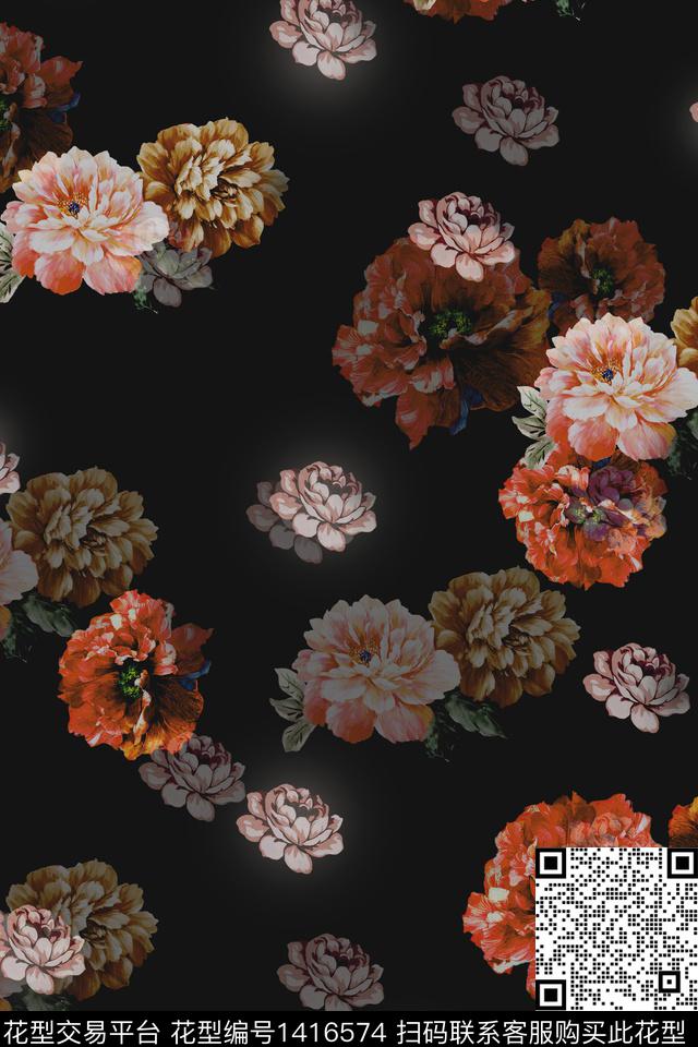 花卉香云纱大牌风数码印花华亿平台下载（图片编号: 1416574） - 瓦栏（Walan）