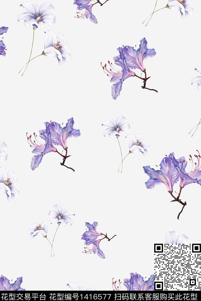 花卉香云纱大牌风数码印花华亿平台下载（图片编号: 1416577） - 瓦栏（Walan）