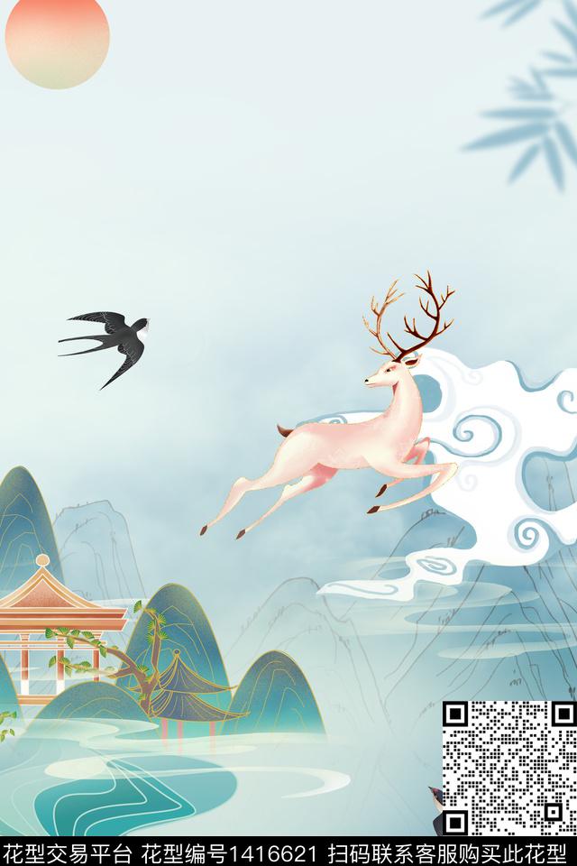 定位花中国风国潮数码印花华亿平台下载（图片编号: 1416621） - 瓦栏（Walan）