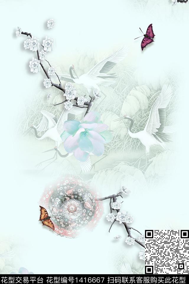 绿植树叶花卉中国风数码印花华亿平台下载（图片编号: 1416667） - 瓦栏（Walan）