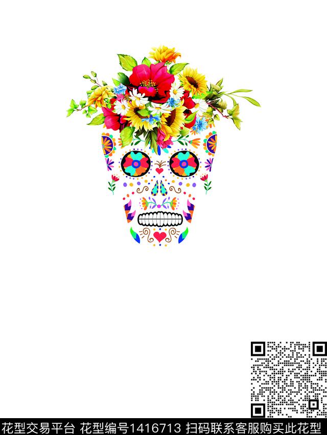 花卉骷髅热带华亿平台数码印花华亿平台下载（图片编号: 1416713） - 瓦栏（Walan）
