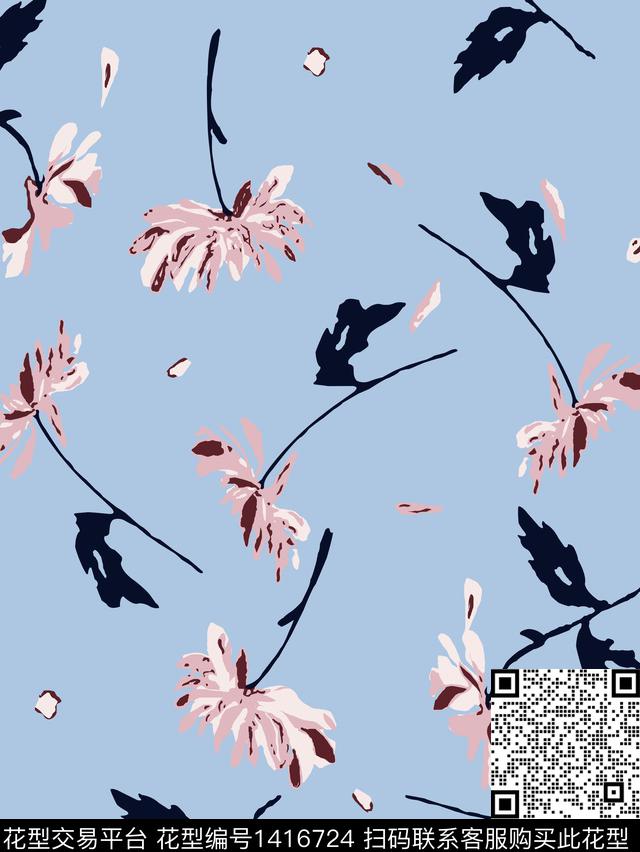 抽象花卉天蓝底传统印花华亿平台下载（图片编号: 1416724） - 瓦栏（Walan）