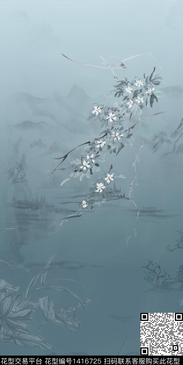 民族花卉定位花水墨风数码印花华亿平台下载（图片编号: 1416725） - 瓦栏（Walan）