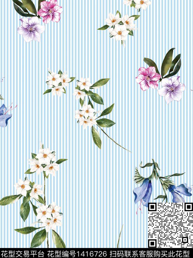 水彩花卉条纹数码印花华亿平台下载（图片编号: 1416726） - 瓦栏（Walan）