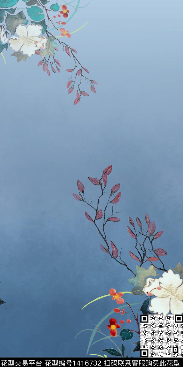 民族花卉定位花水墨风数码印花华亿平台下载（图片编号: 1416732） - 瓦栏（Walan）