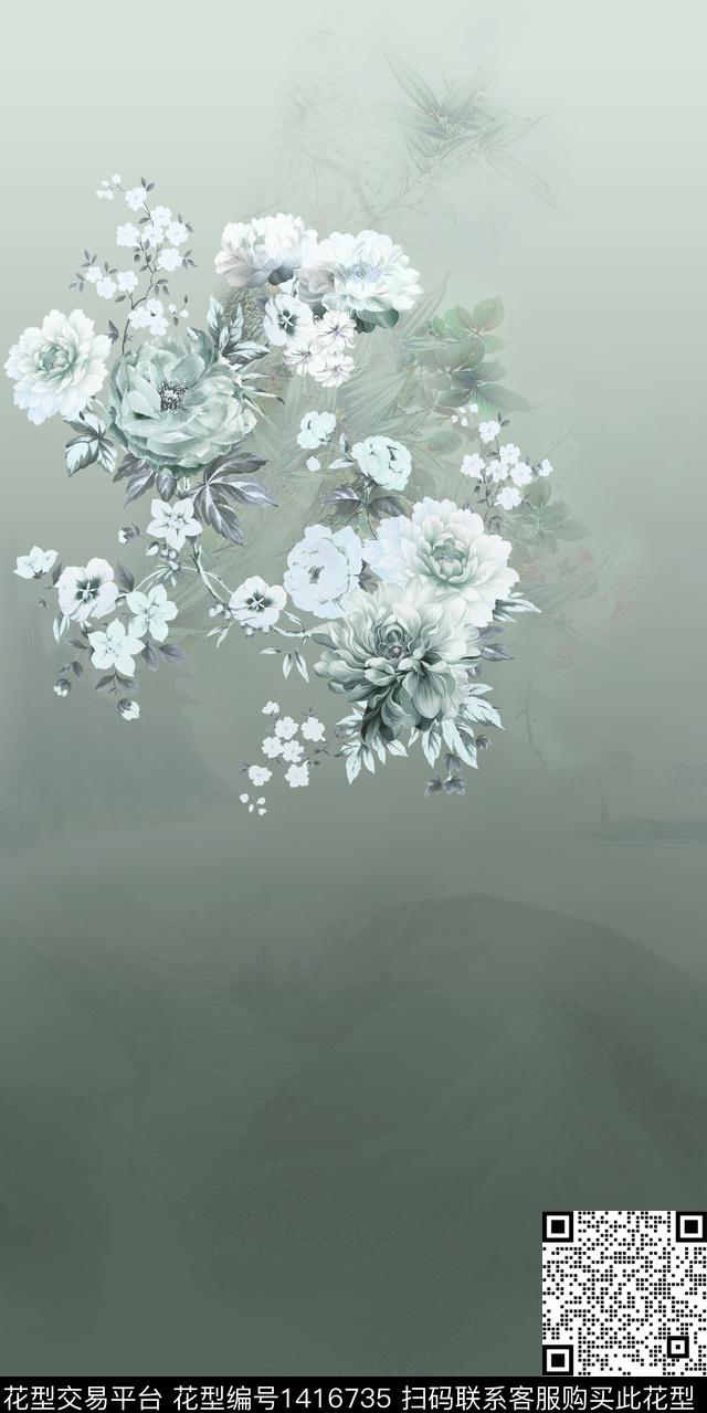 民族花卉定位花水墨风数码印花华亿平台下载（图片编号: 1416735） - 瓦栏（Walan）