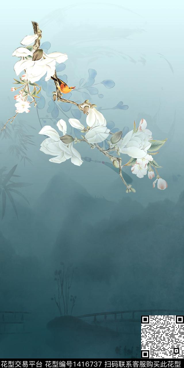 民族花卉定位花水墨风数码印花华亿平台下载（图片编号: 1416737） - 瓦栏（Walan）