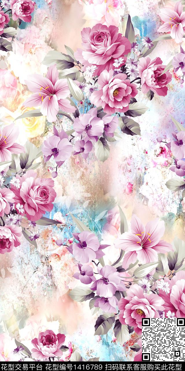 花卉小清新真丝数码印花华亿平台下载（图片编号: 1416789） - 瓦栏（Walan）
