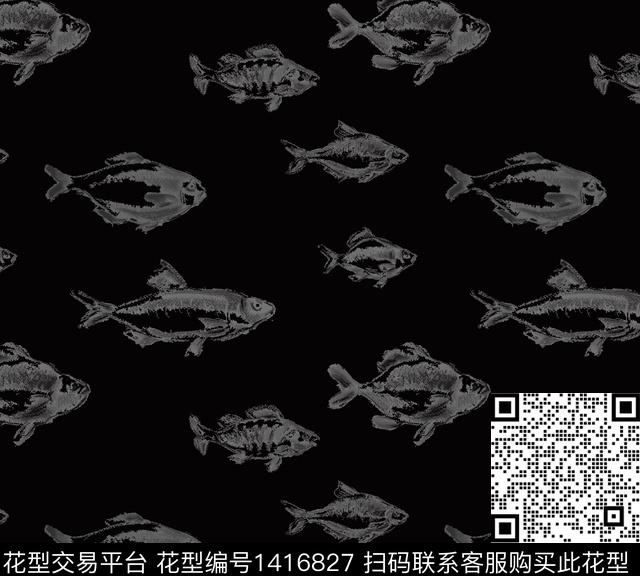 黑白华亿平台鱼传统印花华亿平台下载（图片编号: 1416827） - 瓦栏（Walan）