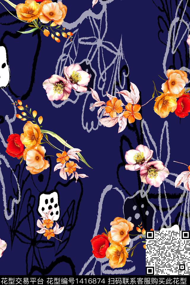 绘画花卉大牌风数码印花华亿平台下载（图片编号: 1416874） - 瓦栏（Walan）