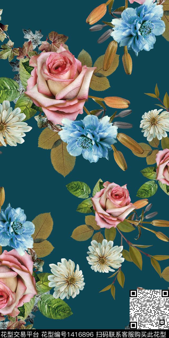 女装花卉大花数码印花华亿平台下载（图片编号: 1416896） - 瓦栏（Walan）
