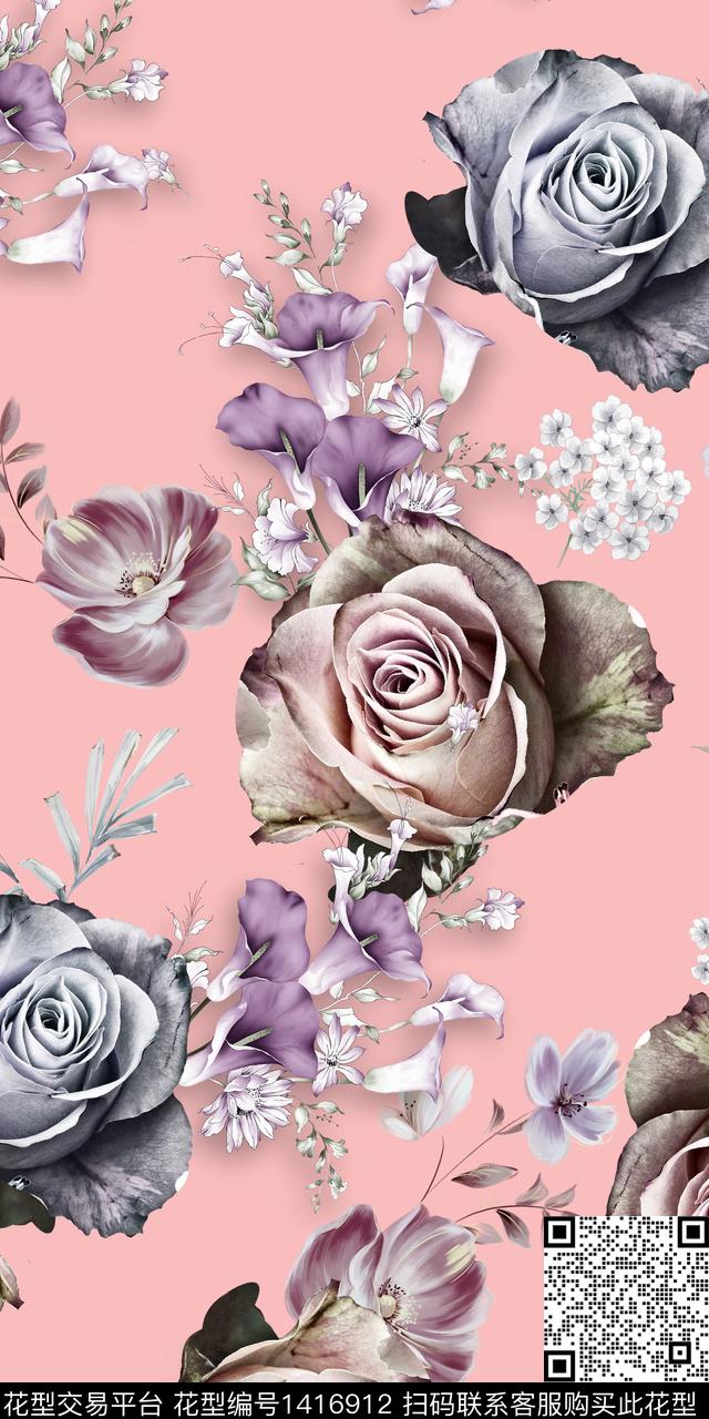 女装花卉大花数码印花华亿平台下载（图片编号: 1416912） - 瓦栏（Walan）