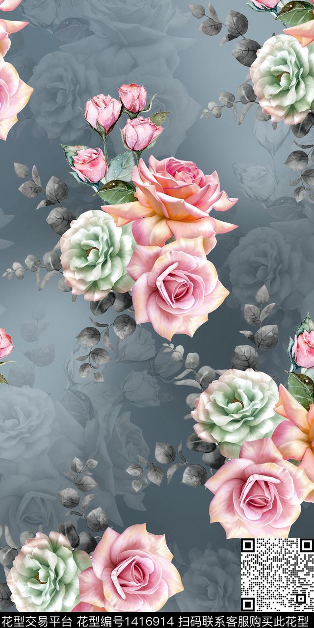 女装花卉大花数码印花华亿平台下载（图片编号: 1416914） - 瓦栏（Walan）