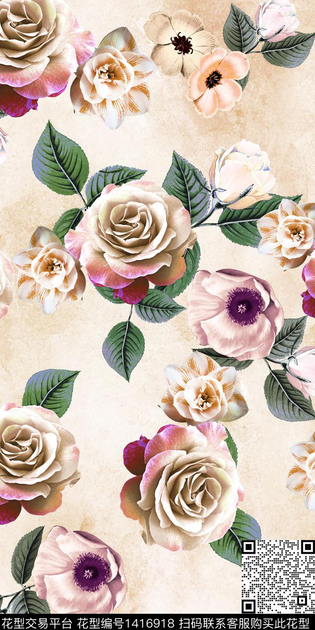 女装花卉大花数码印花华亿平台下载（图片编号: 1416918） - 瓦栏（Walan）