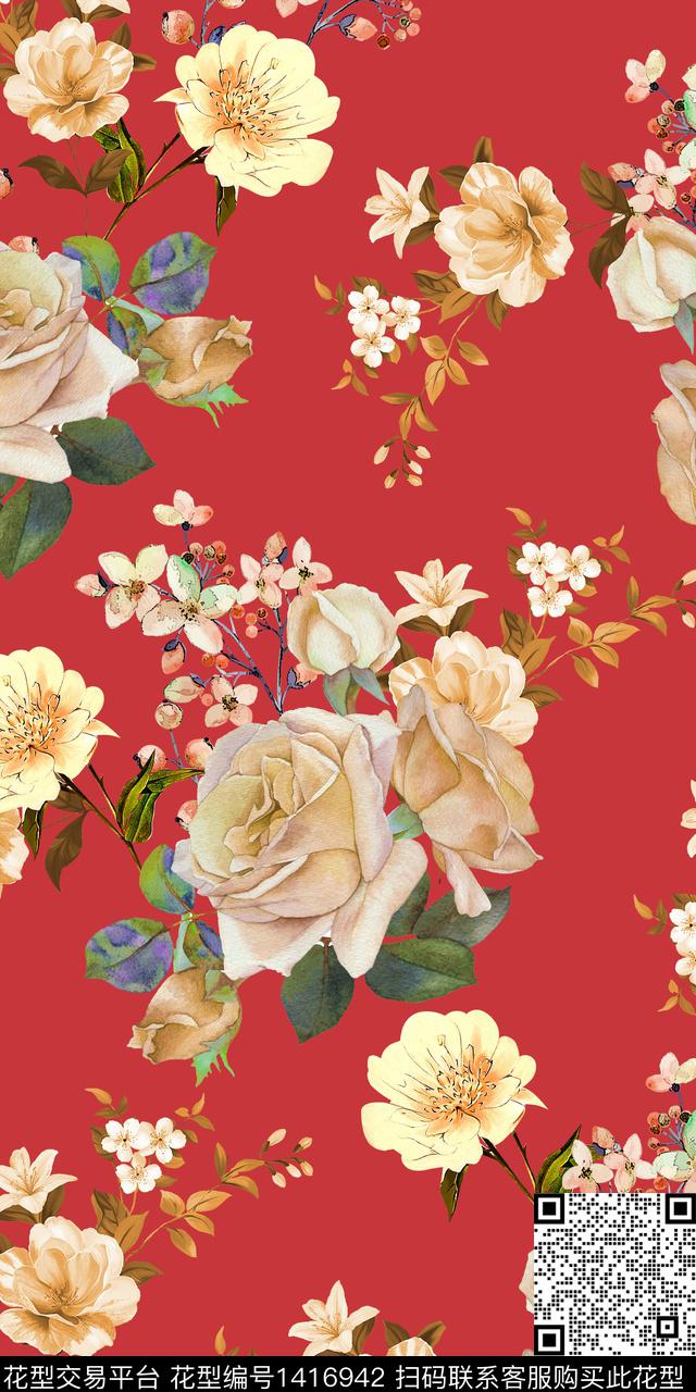 女装花卉大花数码印花华亿平台下载（图片编号: 1416942） - 瓦栏（Walan）