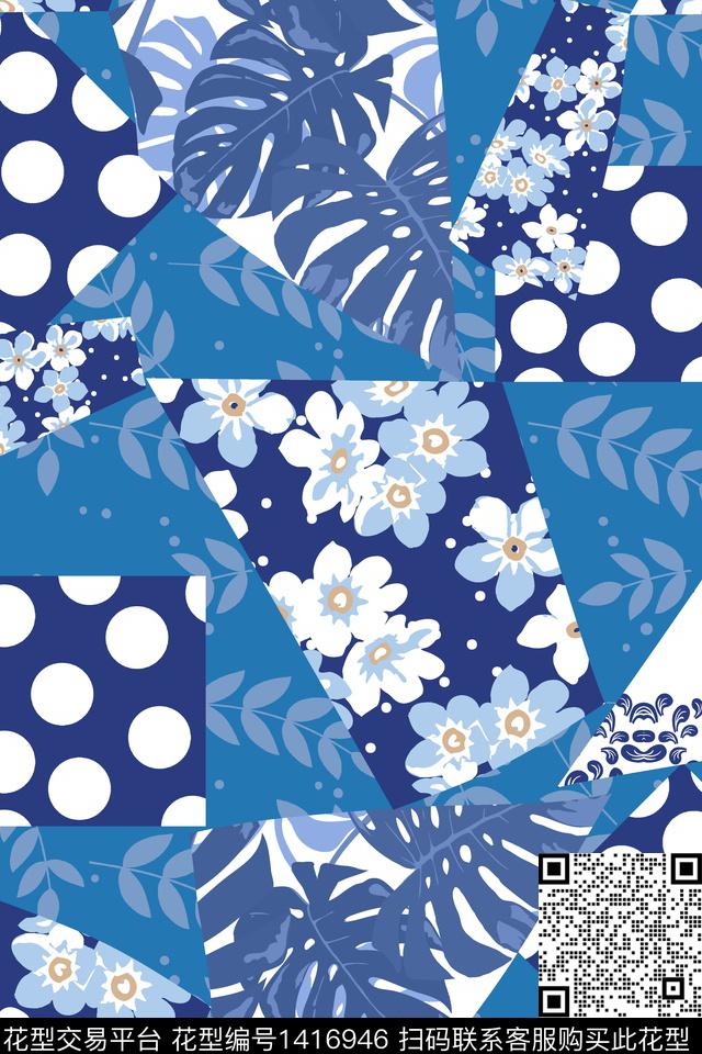 几何清爽底花卉大牌风传统印花华亿平台下载（图片编号: 1416946） - 瓦栏（Walan）