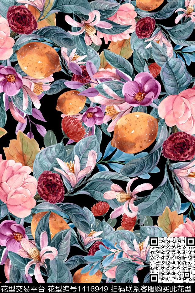 水果绿植树叶水彩数码印花华亿平台下载（图片编号: 1416949） - 瓦栏（Walan）