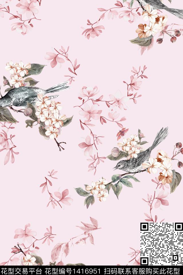 绿植树叶水彩鸟传统印花华亿平台下载（图片编号: 1416951） - 瓦栏（Walan）